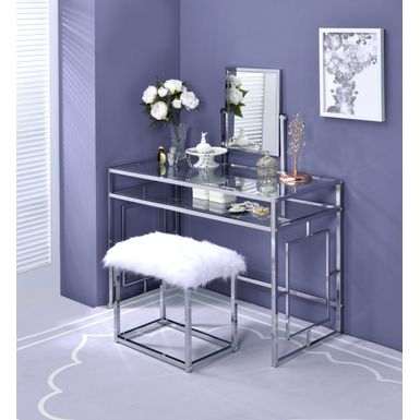 ACME Carenze II Vanity Set, White Faux Fur & Chrome