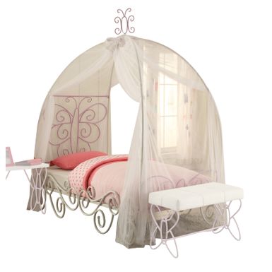 ACME Priya II Twin Bed w/Canopy, White & Light Synthetic Leather