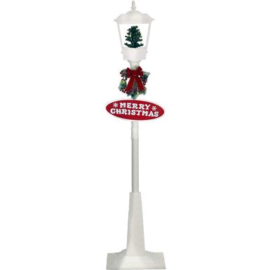 Christmas Time 71-In. Musical Snowy Street Lamp with Christmas Tree Scene, 2 Signs Cascading Snow, and Holiday Songs, White