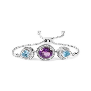 .925 Sterling Silver Oval Amethyst and Pear Blue Topaz with Diamond Accent Lariat 4"-10" Adjustable Bolo Bracelet (H-I Color, SI1-SI2 Clarity)