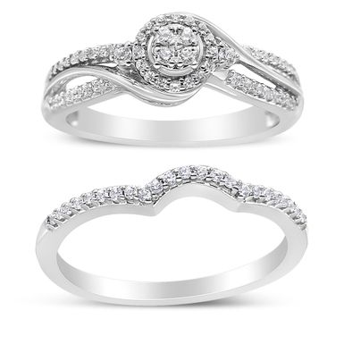 .925 Sterling Silver 1/3 Cttw Composite Diamond Frame Bypass Bridal Set Ring and Band (I-J Color, I2-I3 Clarity) - Ring Size 12