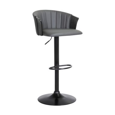 Lydia Adjustable Black Wood Bar Stool in Gray Faux Leather with Black Metal