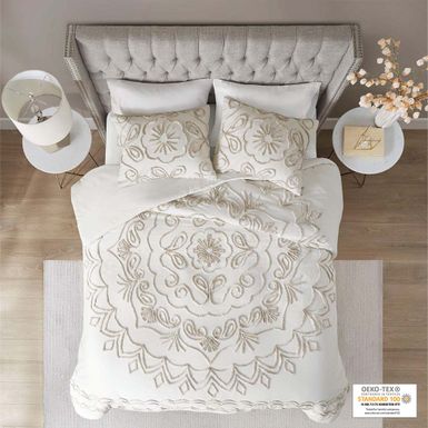 Ivory/Taupe Violette 3 Piece Tufted Cotton Chenille Duvet Cover Set King/Cal King