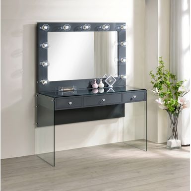 3-drawer Vanity Desk with Lighting Mirror Grey High Gloss