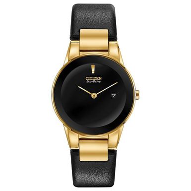 Citizen - Ladies Axiom Eco-Drive Gold & Black Leather Strap Watch Black Dial