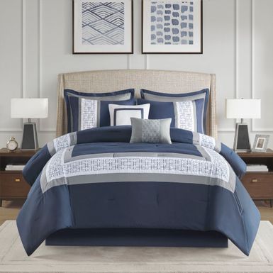 Navy Powell 8 Piece Embroidered Comforter Set Queen