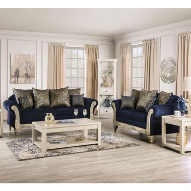 Traditional Blue Chenille Padded 2-Piece Sofa Set