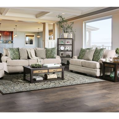 Transitional Cream Chenille Rolled Arms 2-Piece Sofa Set