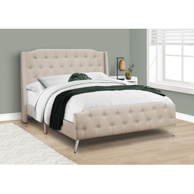 Bed - Queen Size / Beige Linen With Chrome Metal Legs