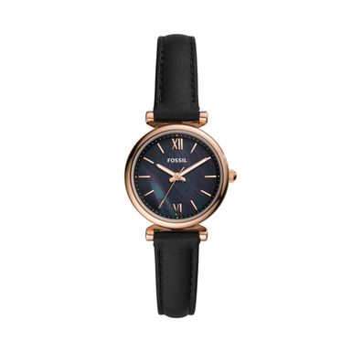 Fossil - Ladies Carlie Mini Rose Gold & Black Leather Strap Watch Black Dial