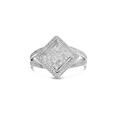 .925 Sterling Silver 1/3 Cttw Invisible Set Princess-Cut Diamond Rhombus and Beaded Halo Ring (H-I Color, SI1-SI2 Clarity) - Ring Size 7