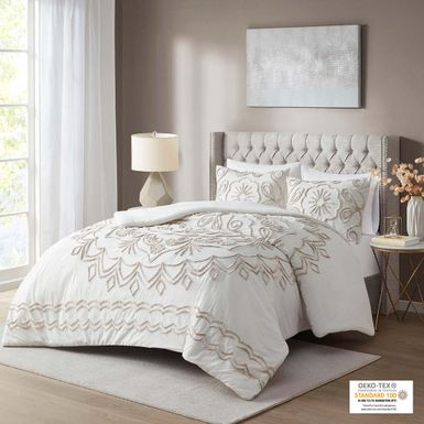 Ivory/Taupe Violette 3 Piece Tufted Cotton Chenille Comforter Set King/Cal King