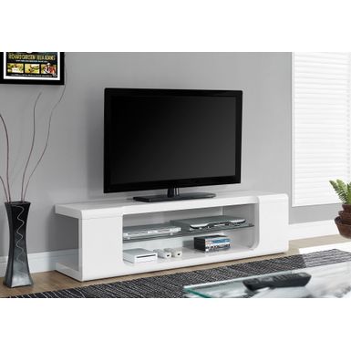 TV Stand/ 60 Inch/ Console/ Media Entertainment Center/ Storage Shelves/ Living Room/ Bedroom/ Laminate/ Tempered Glass/ Glossy White/ Clear/ Contemporary/ Modern