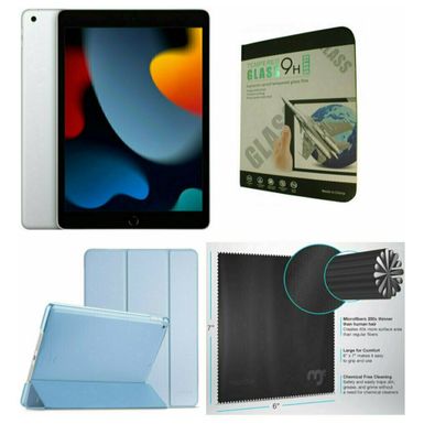 Apple 10.2-Inch iPad (9th Generation) with Wi-Fi 256GB Silver Blue Case Bundle