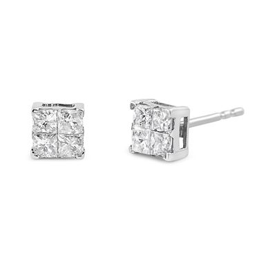 10K White Gold 1.00 cttw Invisible Set Princess-Cut Diamond Composite Square Shape Stud Earrings (G-H Color, I2-I3 Clarity)