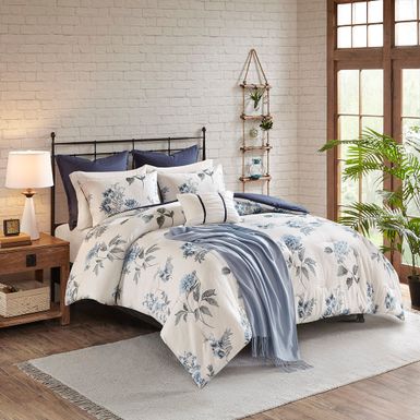 Blue Zennia 7 Piece Printed Seersucker Comforter Set with Throw Blanket King/Cal King