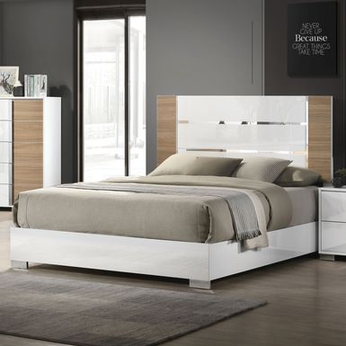 Contemporary Wood Panel California King Bed in White and Natural