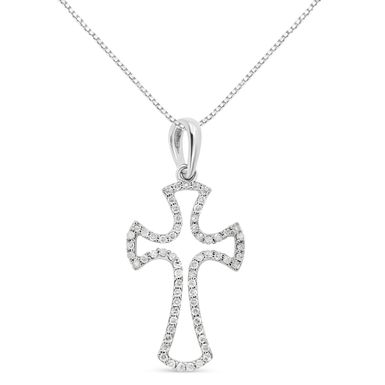 .925 Sterling Silver 1/3 Cttw Diamond Framed Open Cross 18" Pendant Necklace (J-K Color, I2-I3 Clarity)