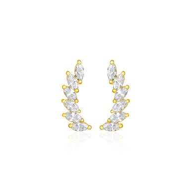 14k Yellow Gold Leaf Motif Climber Post Earrings with Marquise Cubic Zirconias