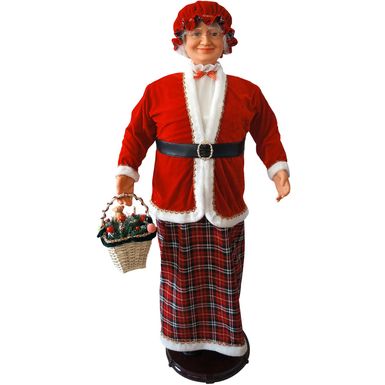 Christmas Time 58-In. Dancing Mrs. Claus with Tartan Skirt and Gift Basket, Animated Indoor Christmas Holiday Home Decor