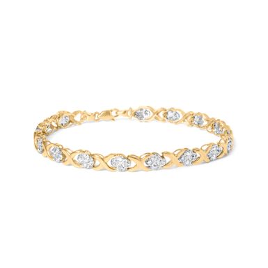 10K Yellow Gold over .925 Sterling Silver 1.0 Cttw Diamond Cluster X Link Tennis Link Bracelet (H-I Color, I3 Clarity) - 7"