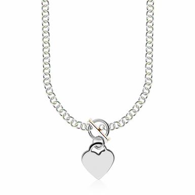 Sterling Silver Rhodium Plated Rolo Chain Necklace with a Heart Toggle Charm (16 Inch)