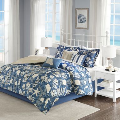 Blue Cape Cod 7 Piece Cotton Sateen Comforter Set, Queen