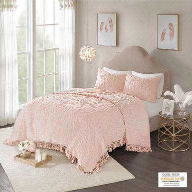 Blush Laetitia Tufted Cotton Chenille Medallion Fringe Coverlet Mini Set Full/Queen