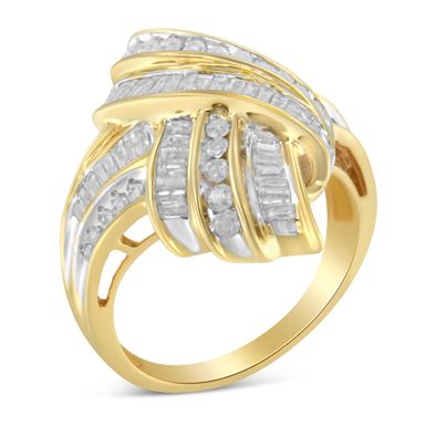 10K Yellow Gold Plated .925 Sterling Silver 1.0 Cttw Round & Baguette Diamond Knot Channel Statement Ring (I-J Color, I2-I3 Clarity) - Size 6-1/4