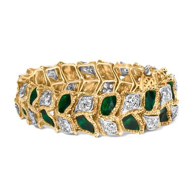 18K Yellow Gold 3 1/4 Cttw Diamond and Green Enamel Gold Textured Bracelet (G-H Color, VS1-VS2 Clarity) - 7" Inches