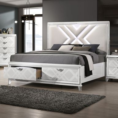 Contemporary Wood Queen Bed with LED in White