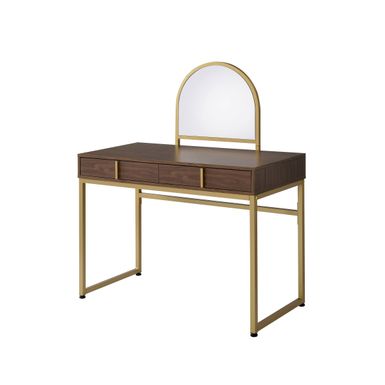 ACME Coleen Vanity Desk w/Mirror & Jewelry Tray, Walnut & Gold Finish