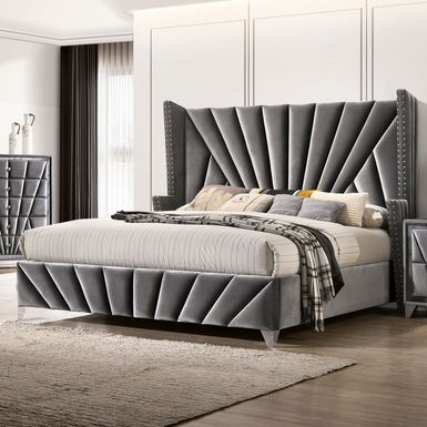 Transitional Fabric Upholstered Queen Panel Bed in Grey