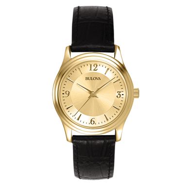 Bulova - Corporate Ladies Gold-Tone Black Leather Strap Watch Gold Dial