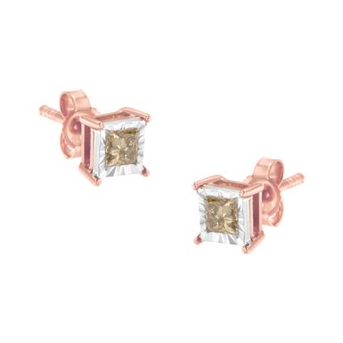 14K Rose Gold Plated Two-Tone .925 Sterling Silver 1/2 Cttw Princess-Cut Square Diamond Solitaire Miracle-Plate Stud Earrings (K-L Color, I2-I3 Clarity)