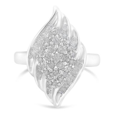 .925 Sterling Silver ¾ Cttw Round and Baguette Cut Diamond Stair-Stepped Cluster Waterfall Cocktail Ring (I-J Color, I2-I3 Clarity) - Size 8