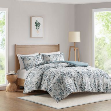 Blue Brielle 3 Piece Floral Printed Cotton Comforter Set, Full/Queen