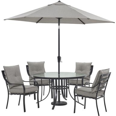 Lavallette 5pc: 4 Dining Chairs, Round Glass Table, Umbrella & Base