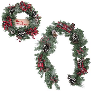 Fraser Hill Farm 24-in. Wreath and 6-ft. Garland Set, Snow Flocked with Pinecones and Bows