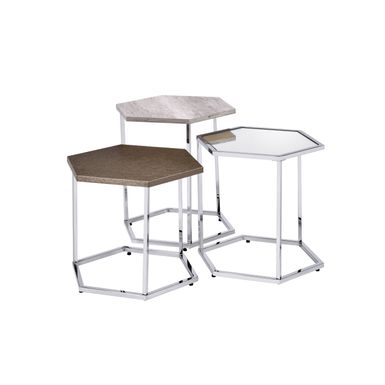 ACME Simno Nesting Table Set, Clear Glass, Taupe, Gray Washed & Chrome Finish