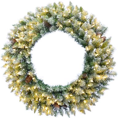 Fraser Hill Farm 48" Frosted Pine Wreath Door Hanging with Pinecones with Warm White LED Lightning