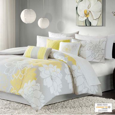 Taupe Grey/Yellow Lola Printed Cotton Sateen Comforter Set Cal King