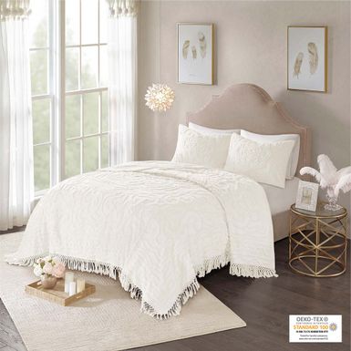 Off-White Laetitia Tufted Cotton Chenille Medallion Fringe Coverlet Mini Set Full/Queen