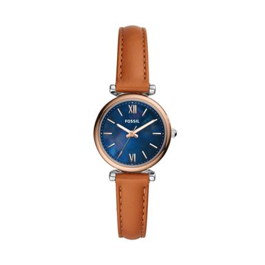 Fossil  - Ladies Carlie Mini Rose Gold & Tan Leather Strap Watch Blue MOP Dial