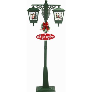 Fraser Hill Farm Let It Snow Series 74-In. Dual-Lantern Street Lamp w/ Santa, Snowman Family, 1 Sign, Cascading Snow, Christmas Music, Green