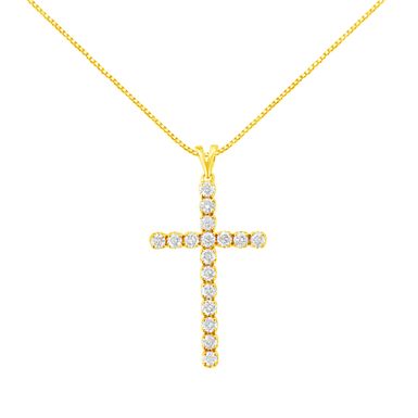 10k Yellow Gold Plated .925 Sterling Silver 2.0 cttw Classic Prong Set Round-Cut Diamond Cross 18" Pendant Necklace (J-K Color, I1-I2 Clarity)