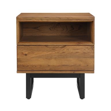 Aldo 1 Drawer Nightstand in Brown Oak Wood with Black Metal Legs