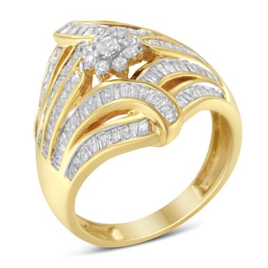 10K Yellow Gold Flashed .925 Sterling Silver 1-1/8 Cttw Round & Baguette Diamond 'Flower & Fern' Cluster Cocktail Fashion Ring (I-J Color, I2-I3 Clarity) - Size 7-1/4