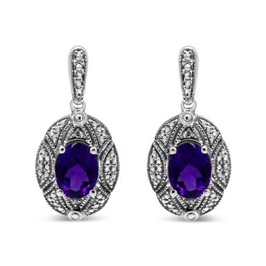 .925 Sterling Silver Diamond Accent and 8x6mm Purple Oval Amethyst Stud Earrings (I-J Color, I1-I2 Clarity)