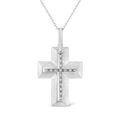 .925 Sterling Silver Prong-Set Diamond Accent Bold Cross 18" Pendant Necklace (I-J Color, I1-I2 Clarity)